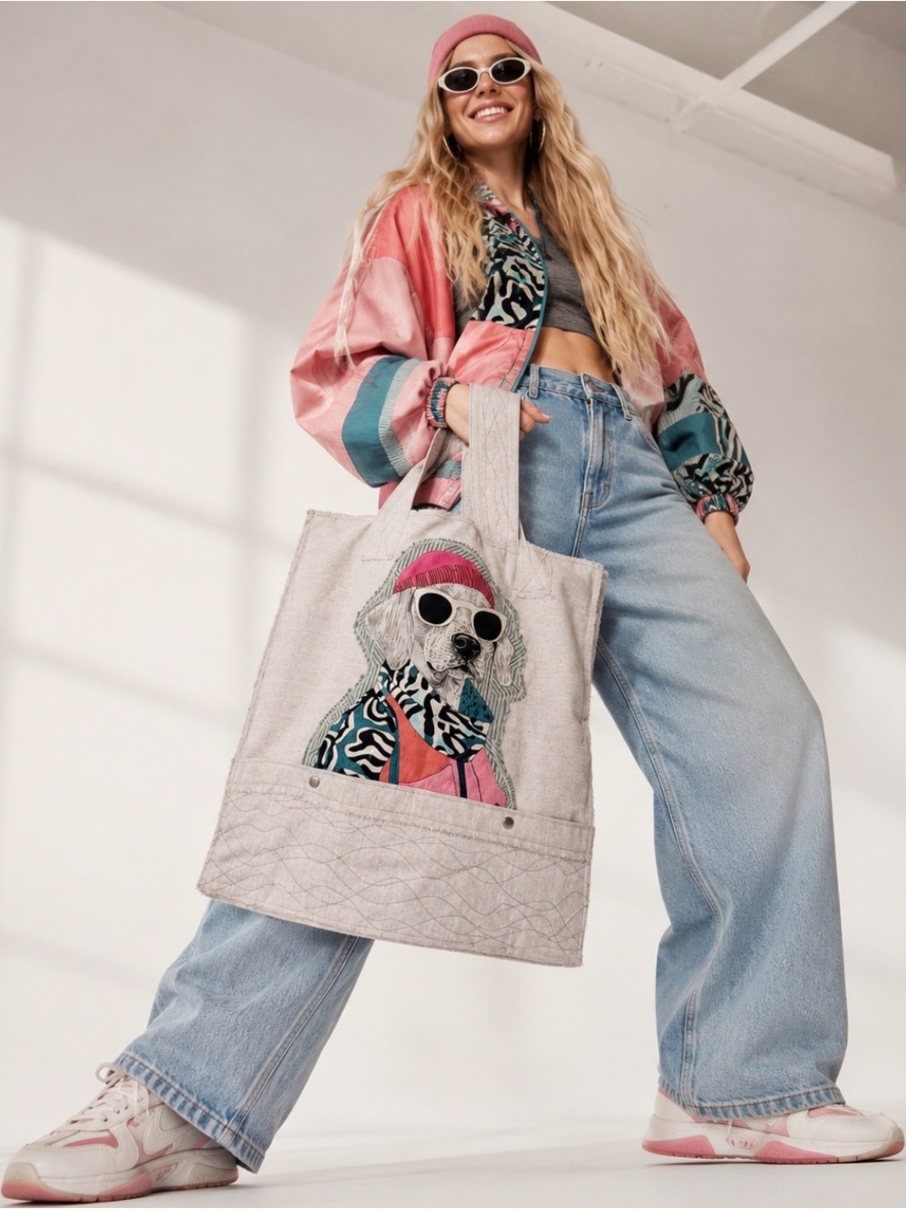 Handmade Oversized Cotton Canvas Tote Pop Art Dog Graphic Patch Boho Artisan Bag - Picture 5 of 11